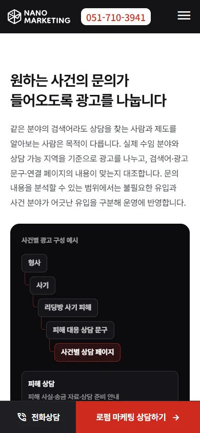 같은 시안의 휴대폰 화면 중 사건별 광고 설명 구간. 제목과 설명 문단, 광고 구성 도식이 보인다