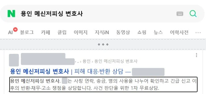 네이버 검색 화면 발췌 두 조각. 위는 검색창의 용인 메신저피싱 변호사, 점 세 개 생략 띠 아래는 같은 문구로 시작하는 해당 페이지 검색 결과의 제목·설명. 사이의 다른 검색 결과는 싣지 않았고 사이트 아이콘·주소·법인명은 가림